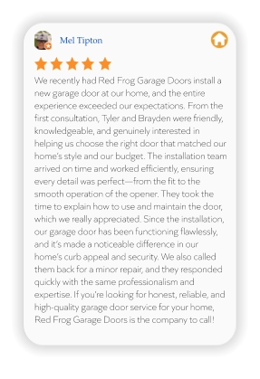Mel Tipton We recently had Red Frog Garage Doors install a new garage door at our home, and the entire experience exceeded our expectations. From the first consultation, Tyler and Brayden were friendly, knowledgeable, and genuinely interested in helping us choose the right door that matched our home’s style and our budget. The installation team arrived on time and worked efficiently, ensuring every detail was perfect—from the fit to the smooth operation of the opener. They took the time to explain how to use and maintain the door, which we really appreciated. Since the installation, our garage door has been functioning flawlessly, and it’s made a noticeable difference in our home’s curb appeal and security. We also called them back for a minor repair, and they responded quickly with the same professionalism and expertise. If you’re looking for honest, reliable, and high-quality garage door service for your home, Red Frog Garage Doors is the company to call!
