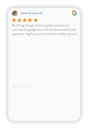 James & Laura H Red Frog Garage Doors quickly repaired our commercial garage door with professionalism and expertise. Highly recommend their reliable service!          Ask ChatGPT