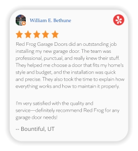 William E. Bethune Red Frog Garage Doors did an outstanding job installing my new garage door. The team was professional, punctual, and really knew their stuff. They helped me choose a door that fits my home’s style and budget, and the installation was quick and precise. They also took the time to explain how everything works and how to maintain it properly.   I’m very satisfied with the quality and service—definitely recommend Red Frog for any garage door needs!  -- Bountiful, UT
